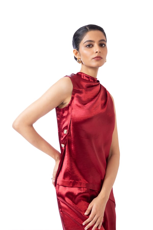 Maroon Satin-Effect High Neck Sleeveless Layover Top — Studio MuGu