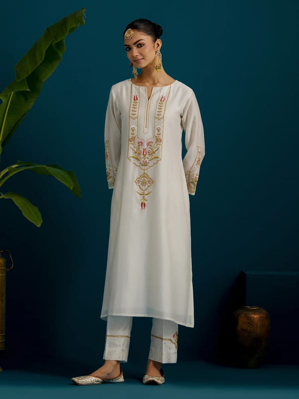 Ivory Silk Chanderi A-Line Kurta with Embroidered Yoke — Anantaa