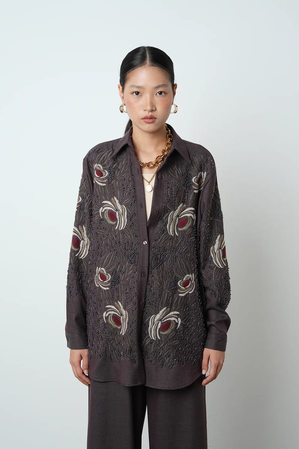 Brown Embroidered & Beaded Longline Button-Up Shirt — THE LUXURY DRESSING
