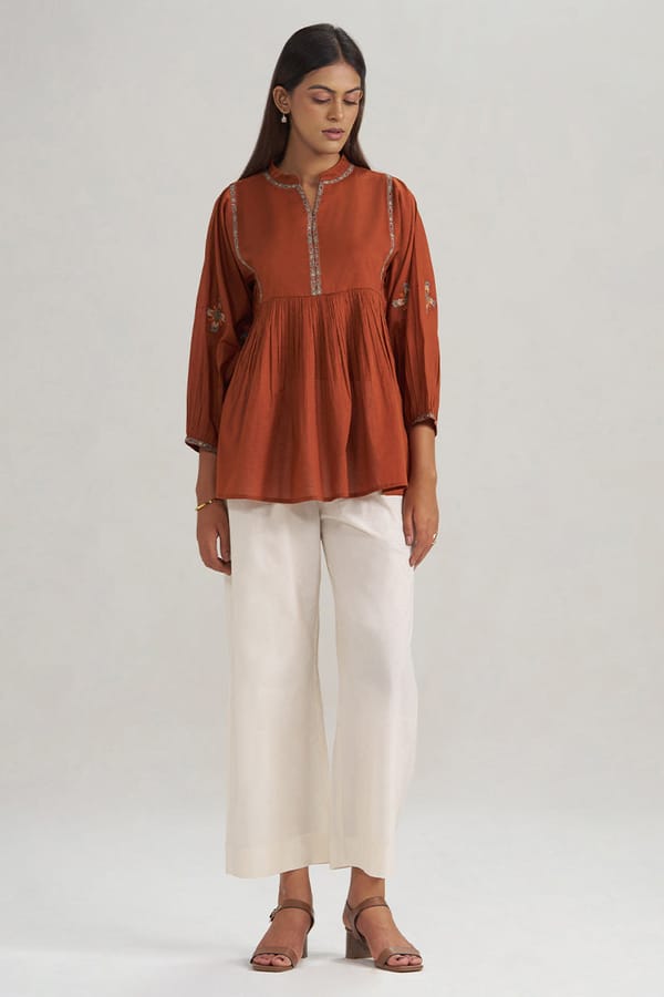 Rust Embroidered Mul-Mul Tunic — Ganga Fashions Pvt Ltd