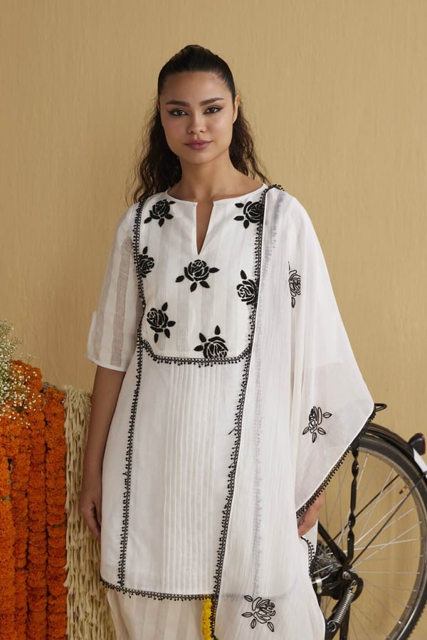 White Linen Straight Kurta with Black Embroidered Yoke — YELL