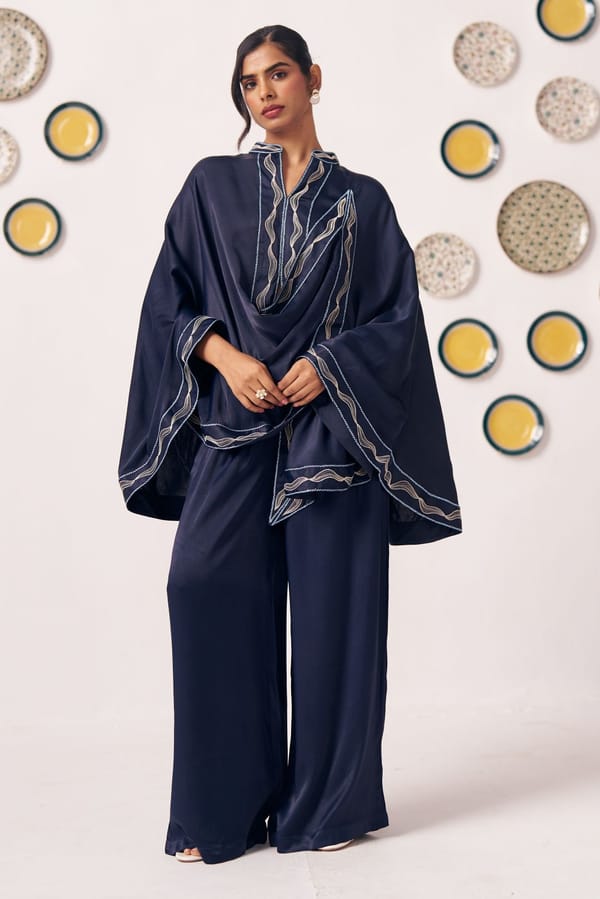 Navy Blue Draped Embroidered Cape Top & Wide-Leg Pants Co-Ord Set — Western Era