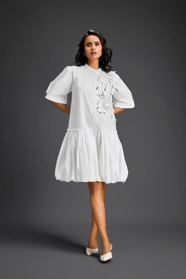 White 3D Floral Zip-Front Bubble Hem Mini Dress — Deepika Arora