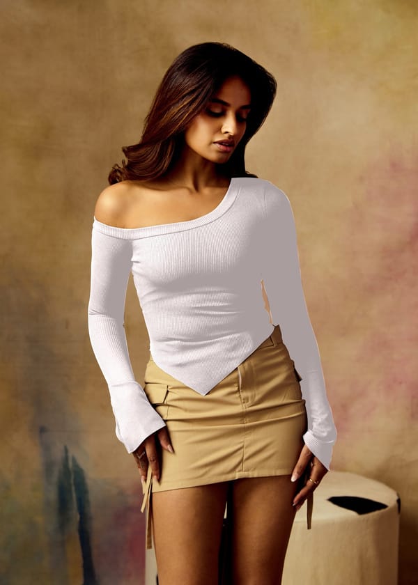 White Rib One-Shoulder Top with Pointed Asymmetrical Hem — Lea Clothing