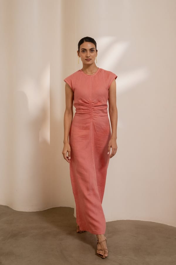 Dawn Orange Linen Cinched Waist Maxi Dress — ALTER NATIVE