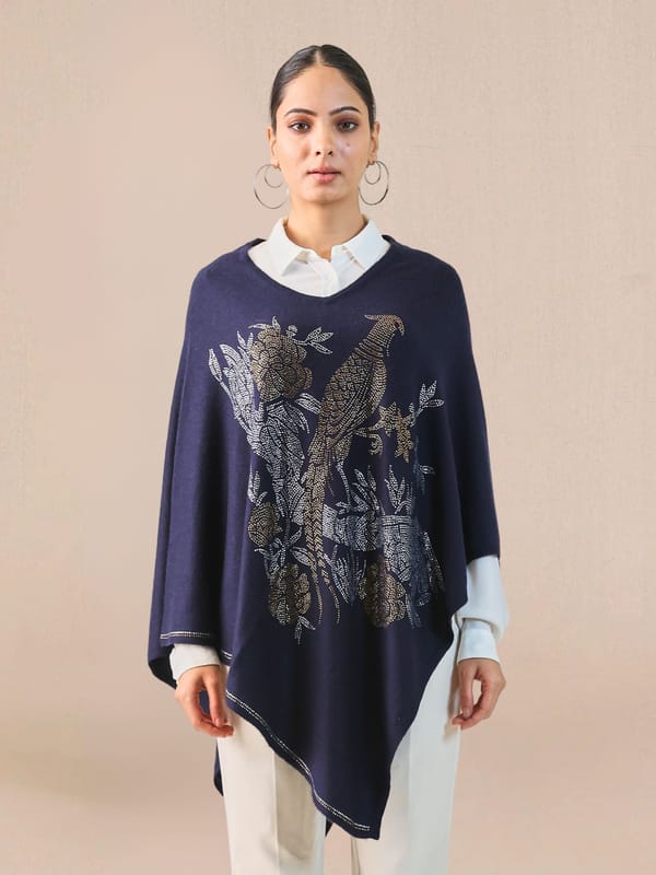 Dark Blue Wool Cape Poncho with Beadwork Motif — Shaza