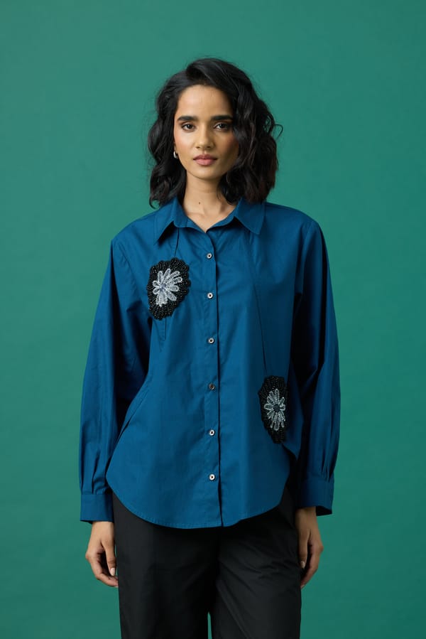 Teal Cotton Poplin Appliqué Shirt — 63East