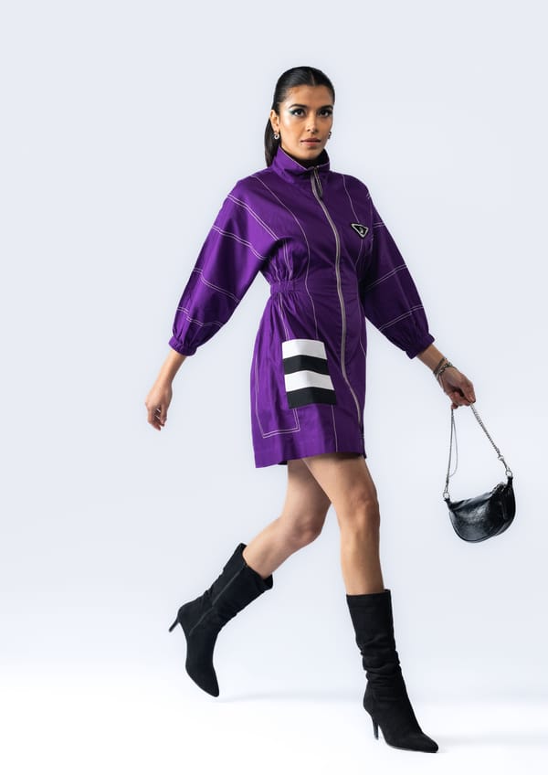 Purple Zip-Front High Neck Mini Dress with Contrast Pocket — Ang-sa