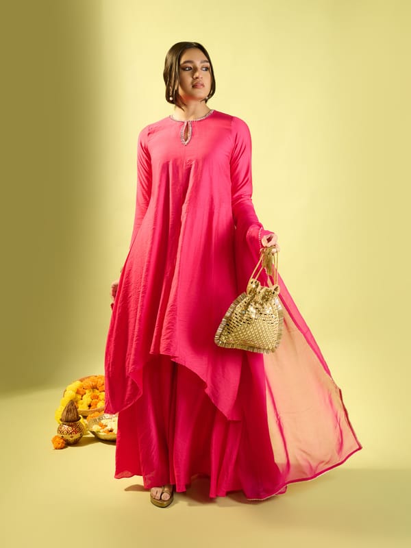 Hot Pink Keyhole Kurta Set — KOMAL SHAH