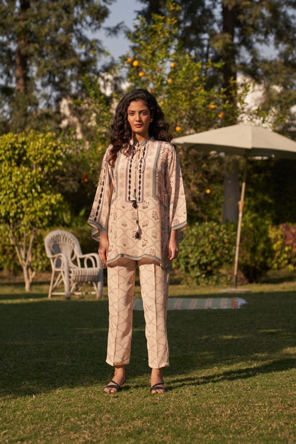 Beige Printed Kaftan Top and Straight Pants Co-ord Set — Chakkraa