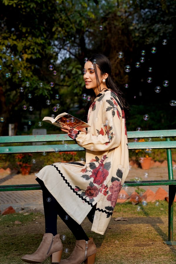 Beige/Black Merino Wool Knit Midi Dress with Mandarin Collar — Moh India