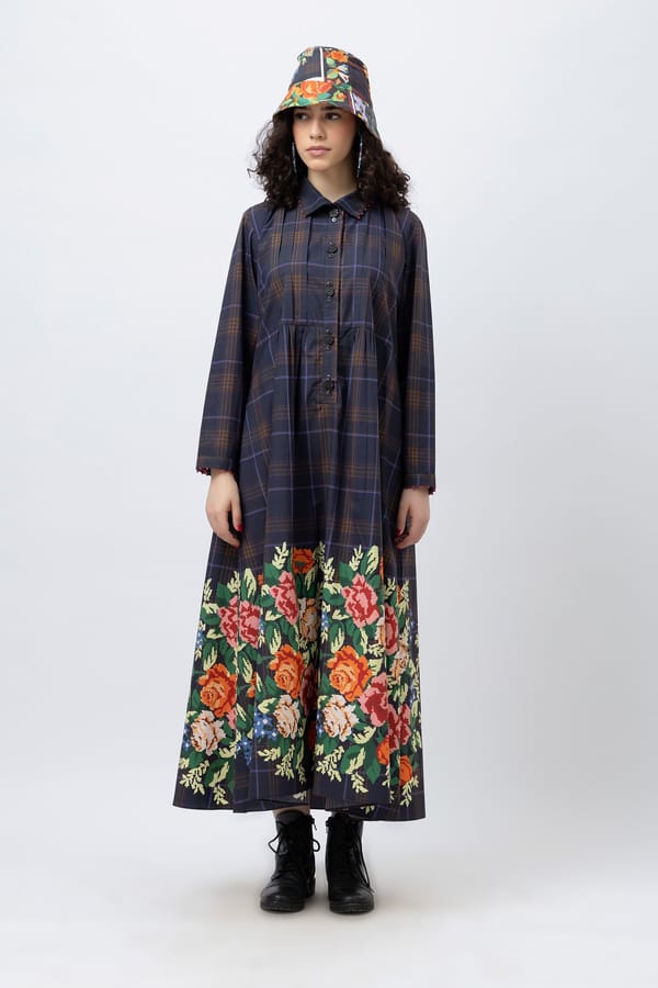 Multi Colour Plaid Cotton Maxi Shirt Dress with Floral Border — Jungle Marigold