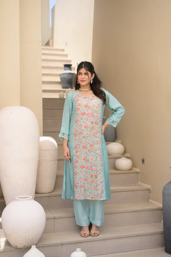 Light Blue Floral Panel Print with Lace Muslin Kurta set-SET OF-2 — MAHEE JAIPUR