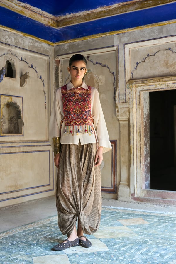 Benares Tissue Structured Shirt With Embroidered Bib & Cowl Drape Pant — Dash and Dot