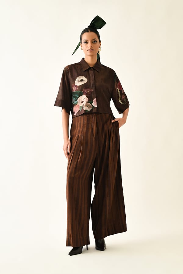 Brown Wide-Leg Pleated Abstract Print Trousers — Ofrida