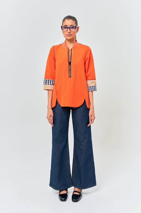Tangerine Cotton Zip-Front Mandarin Collar Top — KOR