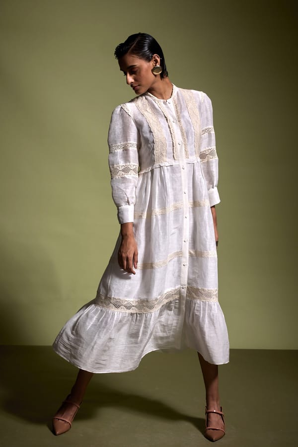 White Tiered Button-Down Midi Dress with Lace Details — Dash and Dot