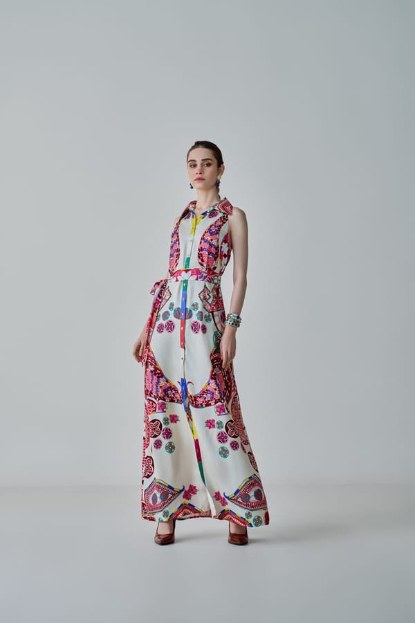 Ivory/Multi Printed Satin Maxi Shirt Dress with Belt — Saaksha and Kinni