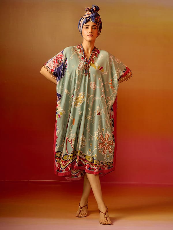 Blue Printed Kaftan Midi Dress with Embellished V-Neck — SAUNDH