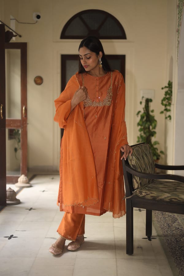 Rust Orange Zardozi Work Silk Chanderi Suit Set — Tatwa Designs