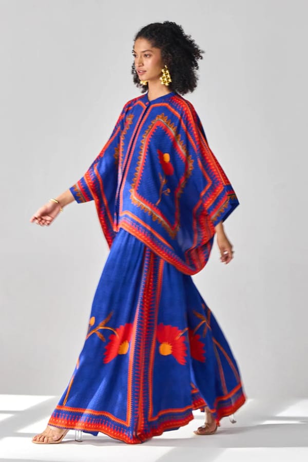 Blue Printed Cape Top and Wide-Leg Pants Co-ord Set — VERB