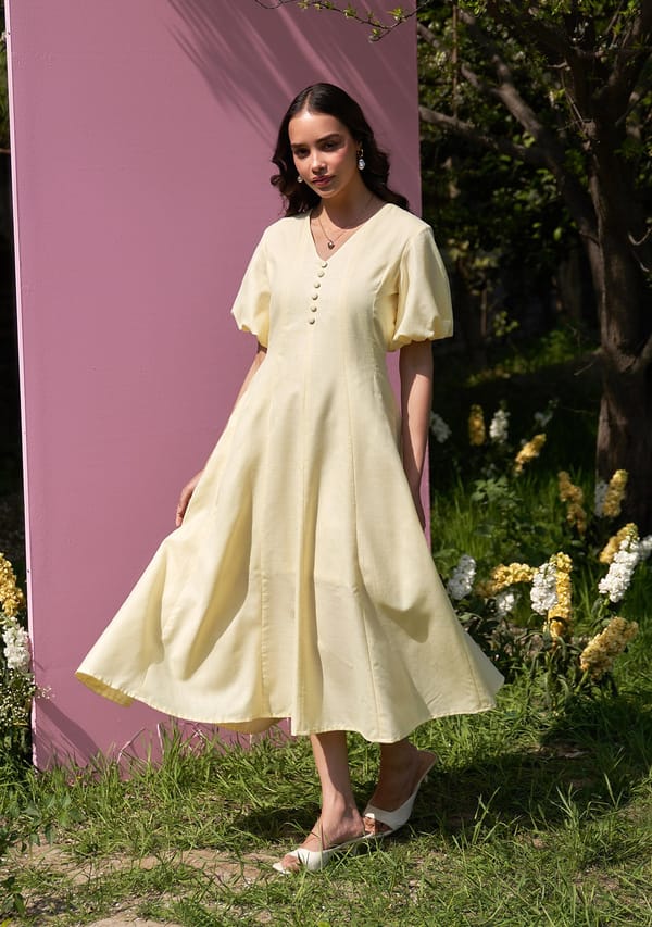 Butter Yellow Fit and Flare V-Neck Midi Dress — AMOSHI