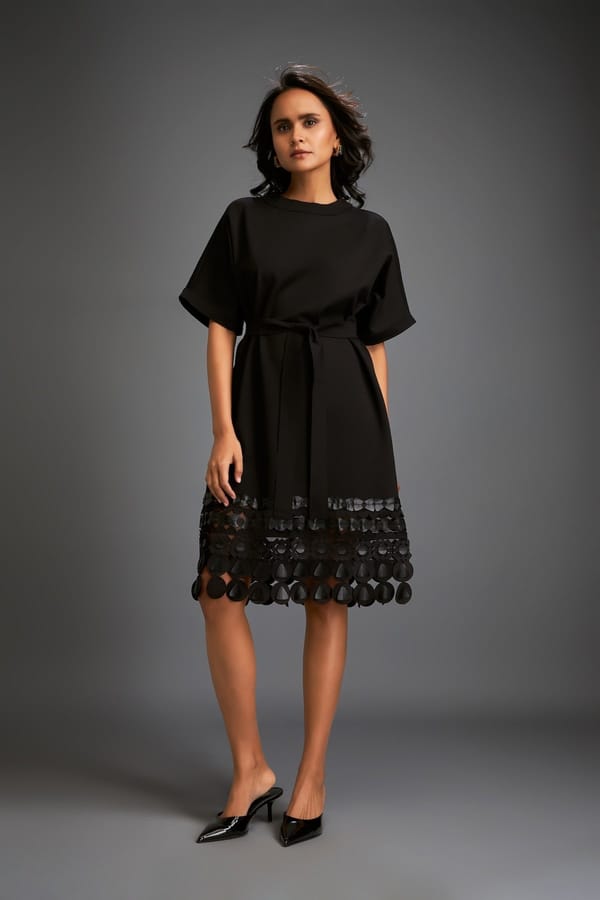 Black Shift Dress with Circular Cutout Hem — Deepika Arora