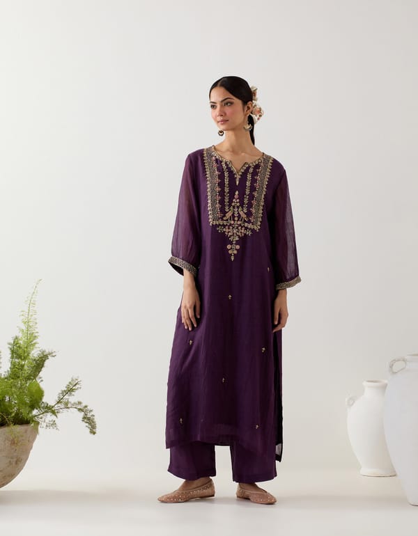 Purple Chanderi Zardozi Embroidered Kurta Set with Pants — Tatwa Designs