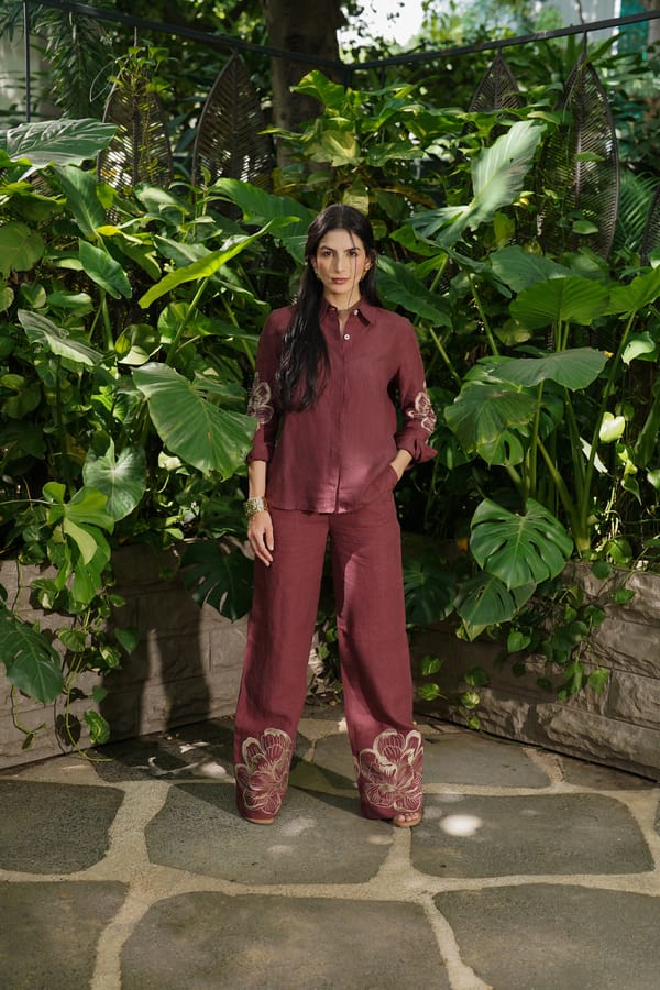 Rosewood High-Rise Wide-Leg Embroidered Trousers — Akirah