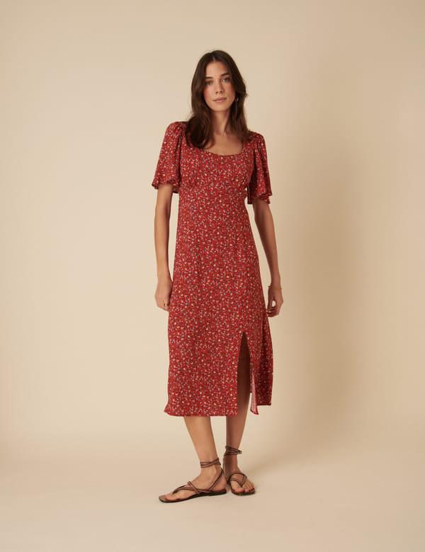 Red Ditsy Floral Scoop Neck Midi Dress with Slit — Nobody's Child