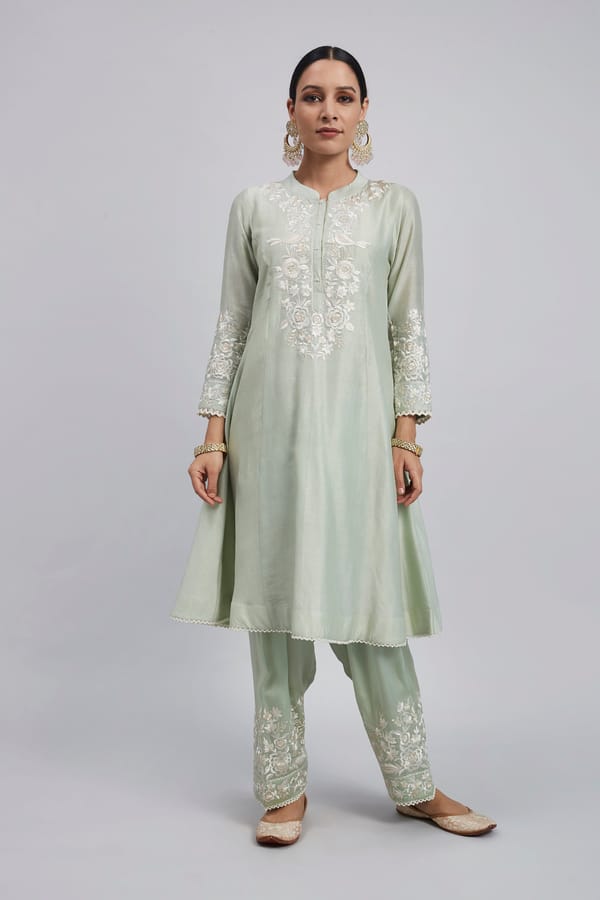 Mint Green Chanderi Silk Embroidered Suit Set with Dupatta — Sheetal Batra