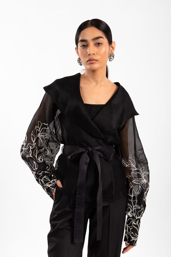 Black Silk Organza Wrap Top with Embroidered Balloon Sleeves — Contemponari
