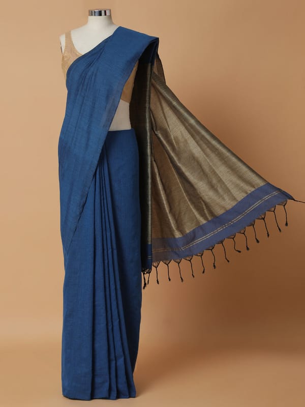 Deep Royal Blue Cotton Saree Woven Zari Pallu — BINKS