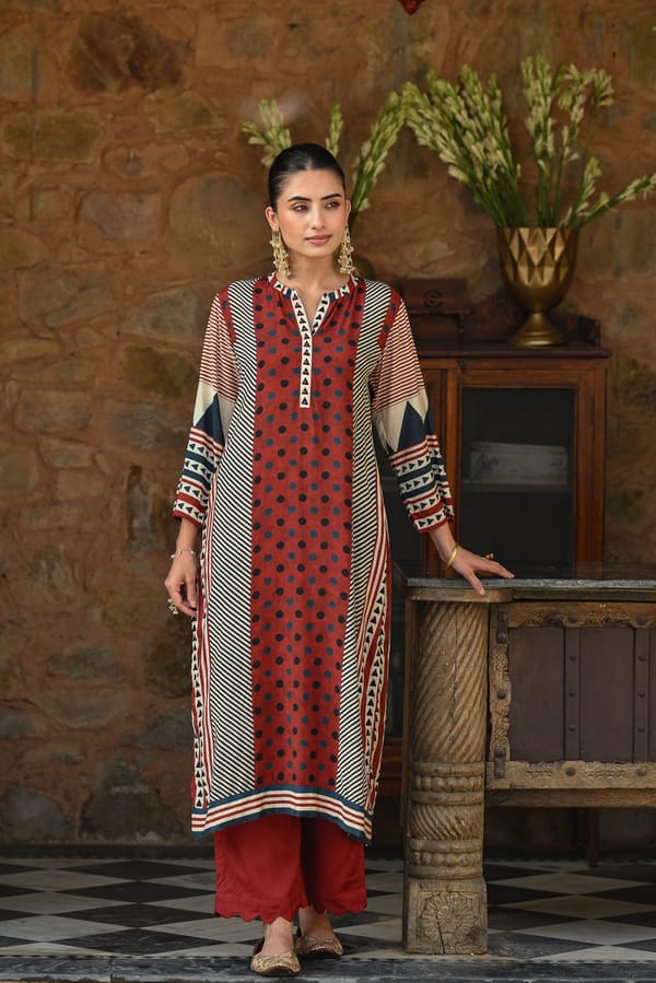 Polka Dot with Block Print Muslin Kurta Set — MAHEE JAIPUR