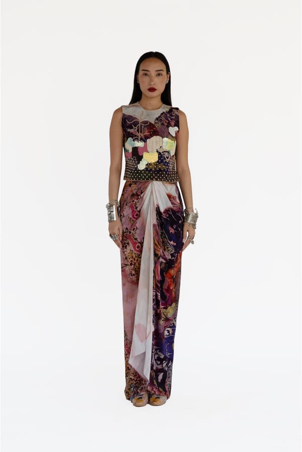 Rose Pink Printed Blouse and Draped Maxi Skirt Co-ord Set — AMKA