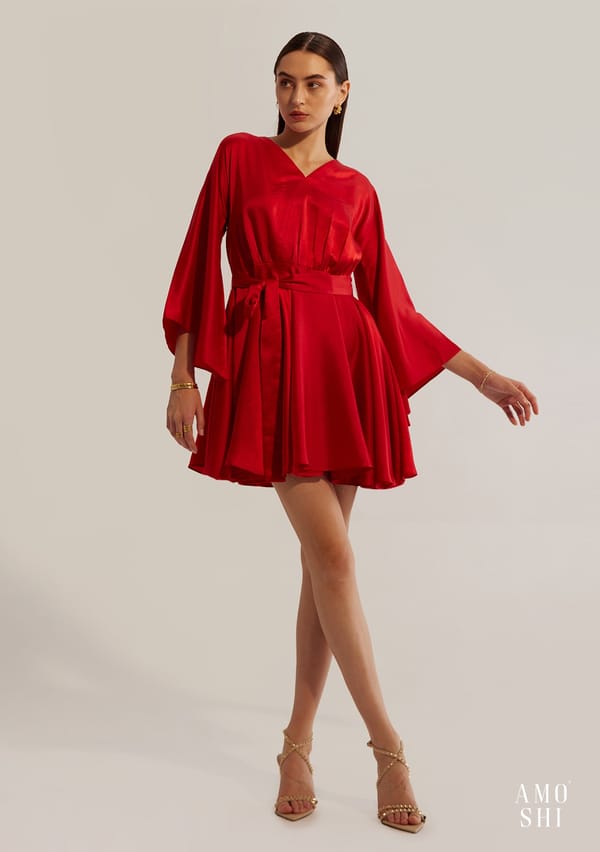 Red Satin Fit and Flare Mini Dress with Detachable Belt — AMOSHI