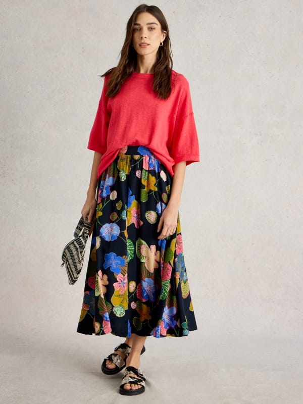 Navy Floral Print A-Line Midi Skirt — White Stuff