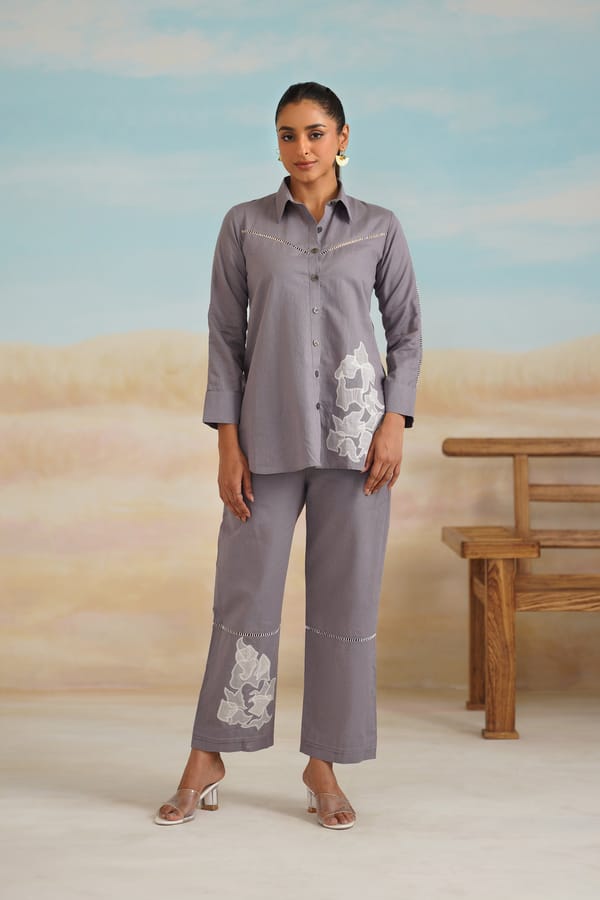 Greyish Mauve Cotton Linen Embroidered Co-ord Set — NEETIKA CHOPRA