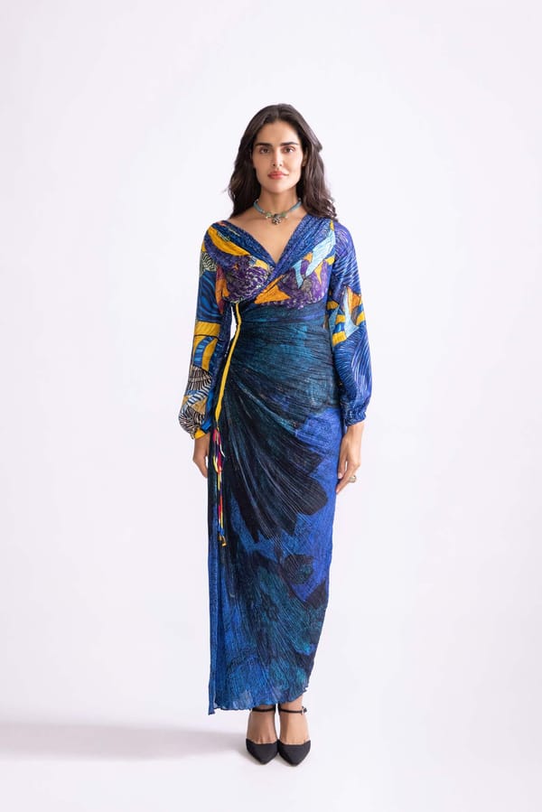 Blue Printed Cotton Silk Maxi Wrap Dress — Saaksha and Kinni