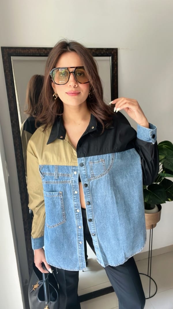 Color Block Denim Poplin Shirt — CLOSET AFFAIR