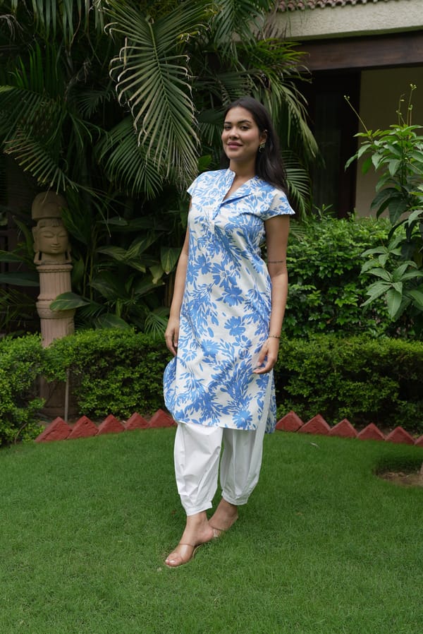 Blue Floral Printed Cotton Kurta and Salwar Set — Eko Clothing