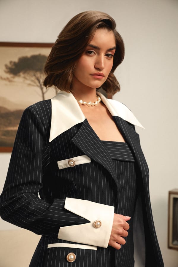 Black Pinstripe Longline Blazer with Contrast Lapel — BELONG