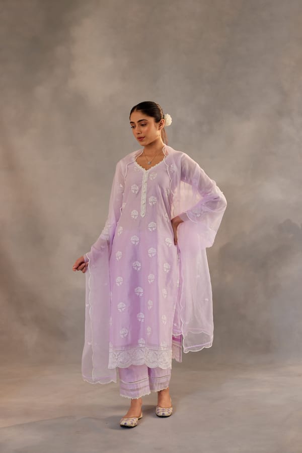 Lavender Embroidered Straight Kurta Set with Organza Dupatta — NARAYANI VASTRA
