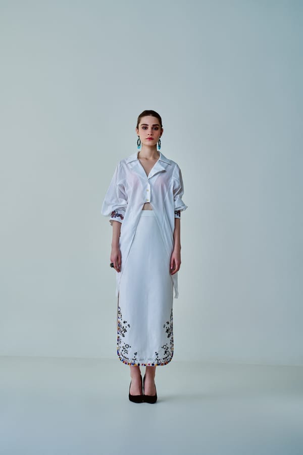 White Poplin Shirt with Mirrorwork Tie-Up Cuffs — Saaksha and Kinni