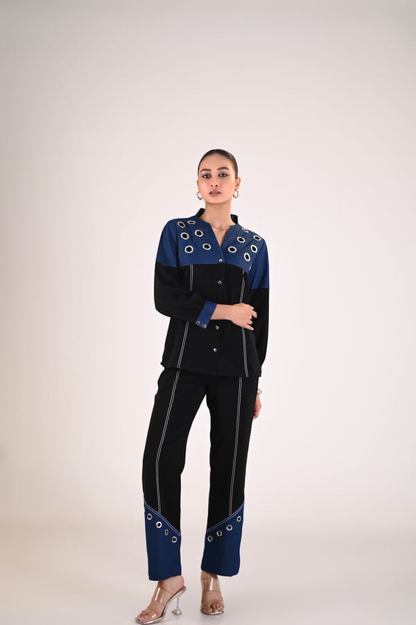 Black and Indigo Colorblocked Button-Down Shirt Top — Veera Wear