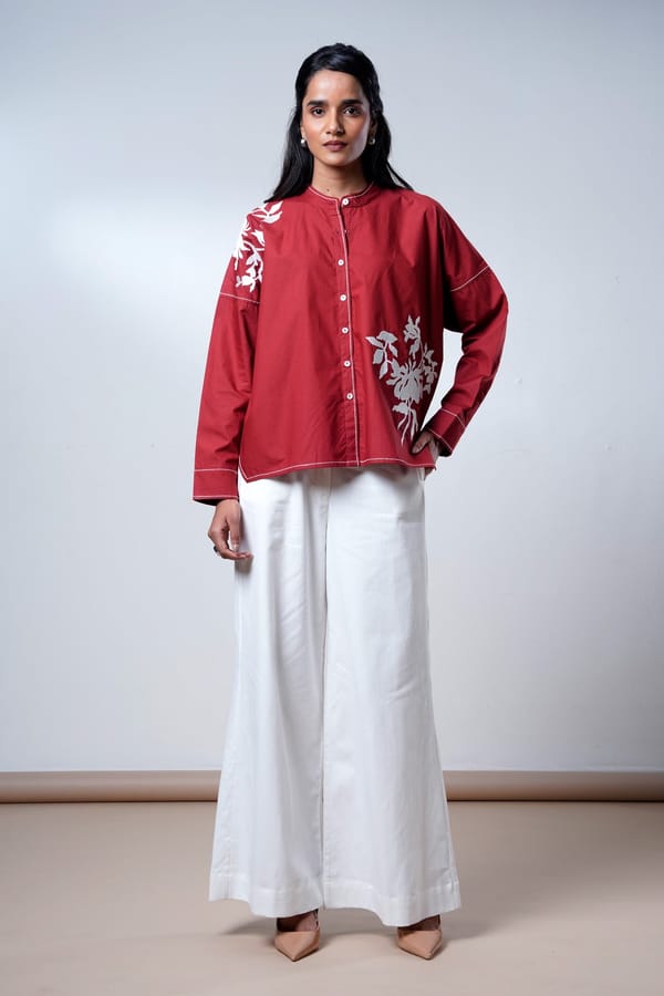 Red Poplin Boxy Shirt Top with Floral Embroidery — Madder Much