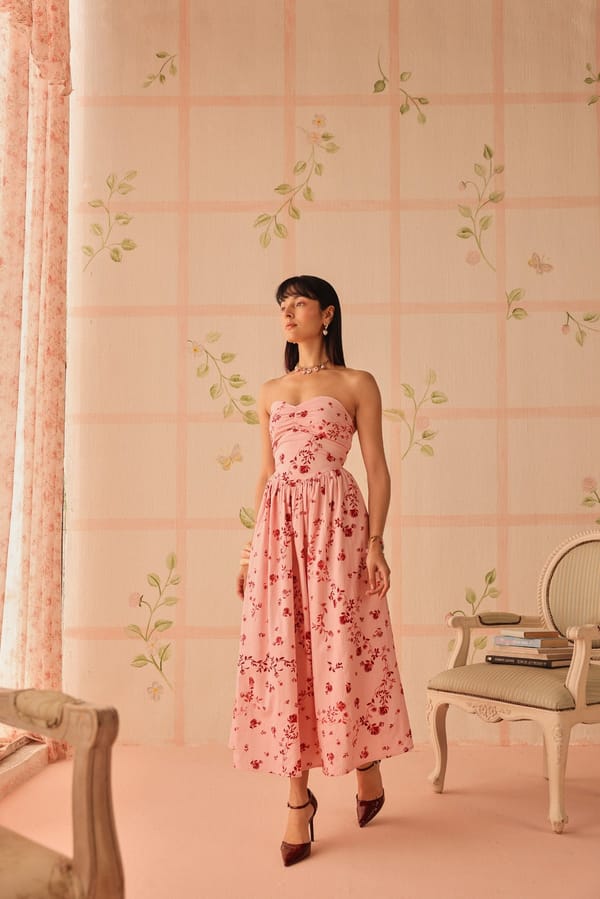 Pink and Red Floral Strapless Sweetheart Midi Dress — Sage by Mala