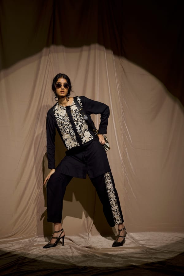 Black Straight-Leg Trousers with Embroidered Side Panels — Dash and Dot
