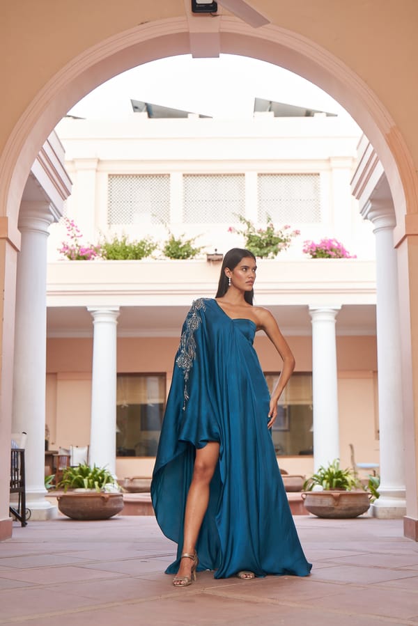 Teal Blue One-Shoulder Satin Kaftan with Embellished Embroidery — AMRTA BY GUNEET KONDAL