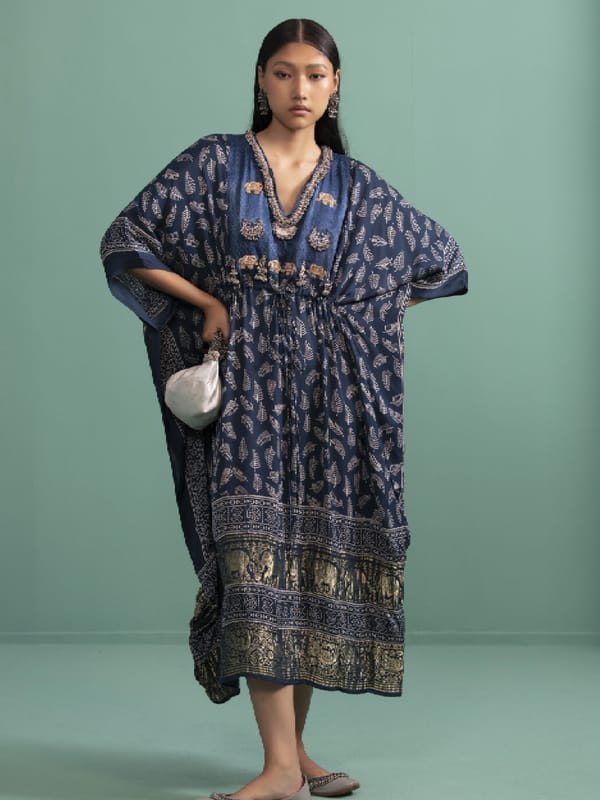 Blue Printed Kaftan with Embellished V-Neck — 5 Elements